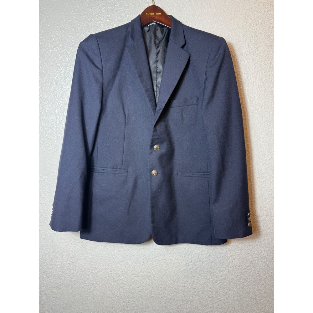 Nordstrom Boys Navy Blue Wool Blend Blazer Gold Crest Buttons Size 16R